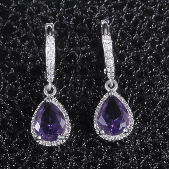 New 925 Silver Water Drop Royal Purple Earrings - Picture 4 of 6